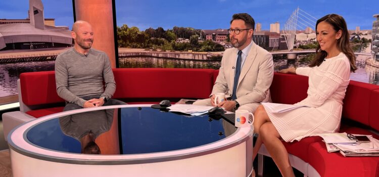 Rob Law discussing resilience in entrepreneurship and the Trunki journey on BBC Breakfast, sharing lessons from his book, 65 Roses and a Trunki.